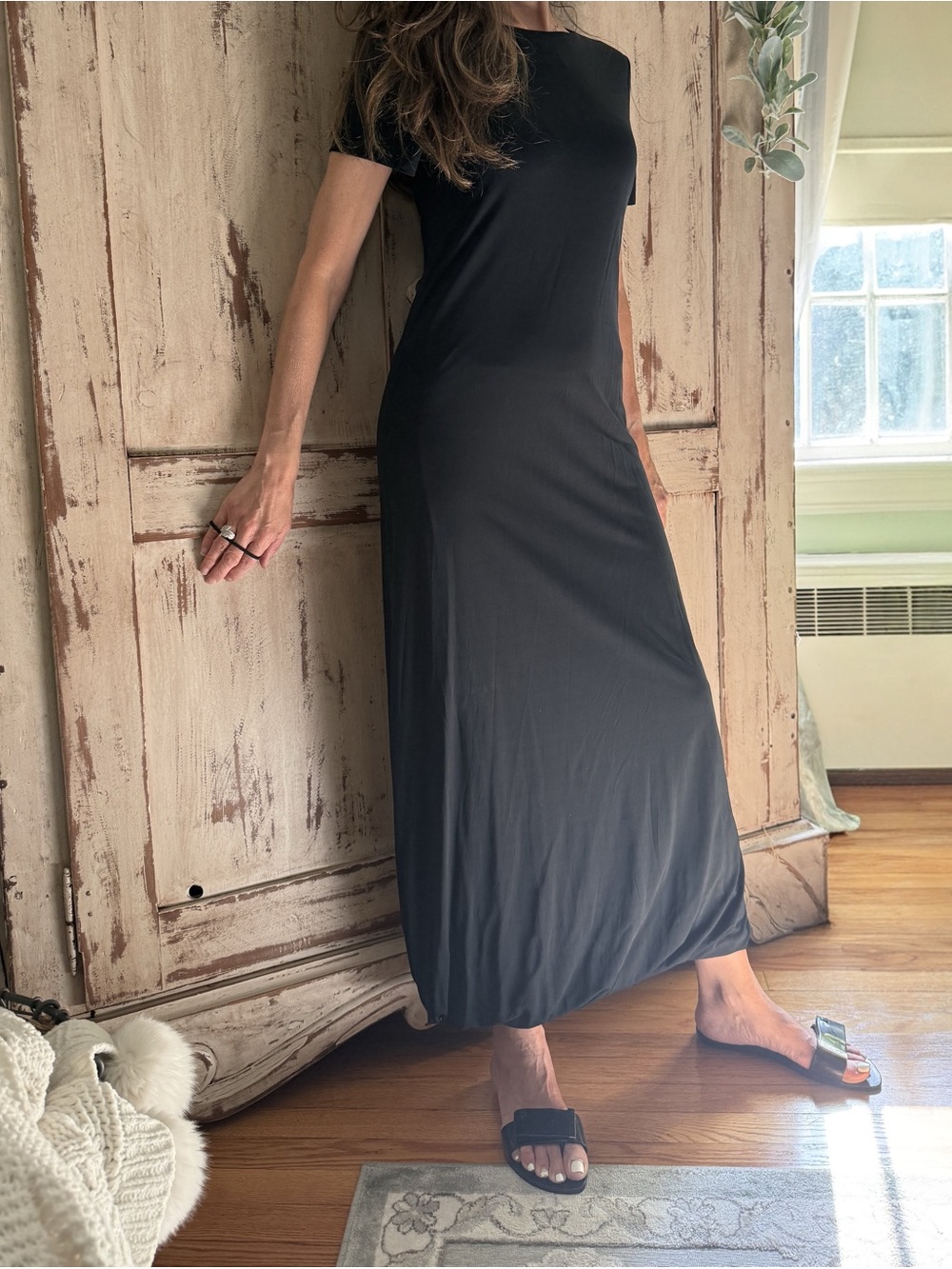 Rene Lezard black minimalist bubble hem long dress. Sz8